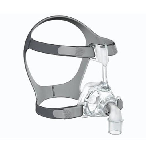 CPAP mask with gray headgear and clear plastic casing on a white background
