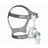 CPAP mask with gray headgear and clear plastic casing on a white background